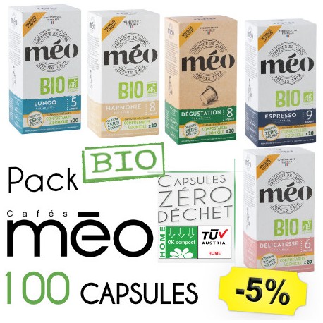 Pack intégral reprenant toutes les capsules compatibles Nespresso ® de la marque Cafés Méo