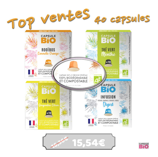 Pack Top vente des capsuels de thé compatibles Nespresso de la marque Capsule & Bio